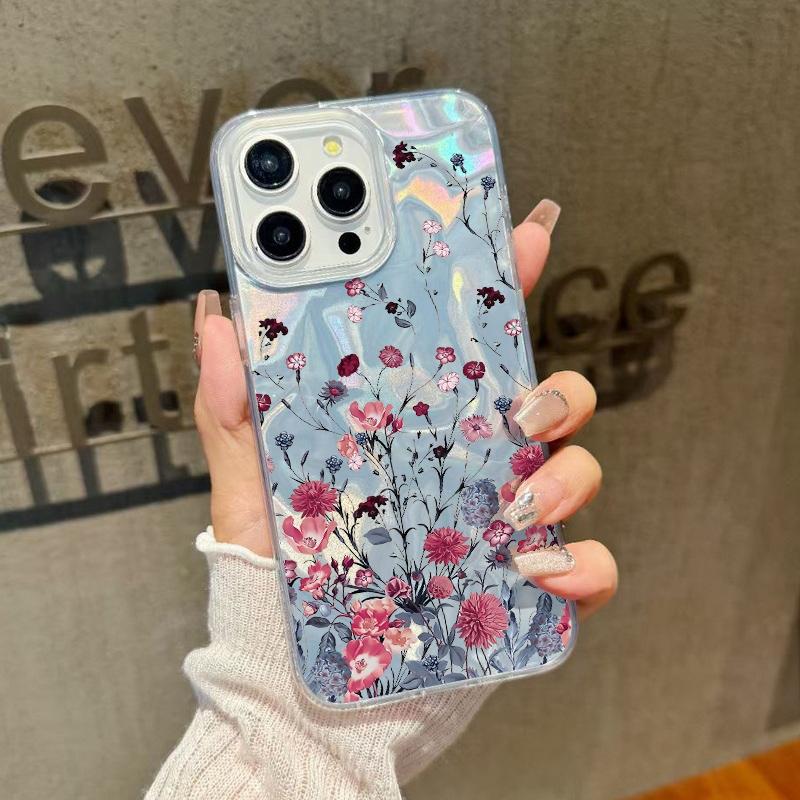 Floral Print Slim Glitter Phone Case For iPhone 16 Pro Max 15 14 Pro 13 12 11 Feather Sparkling Shockproof Clear Soft Edge Hard PC Back Cover