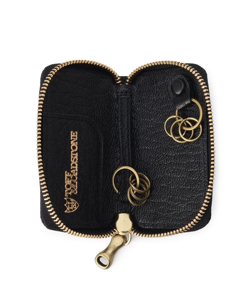 And Road Key Round Zip Light Shrink Key Case Key Charm Card Case Cowhide One Size Black [Toff Stone]