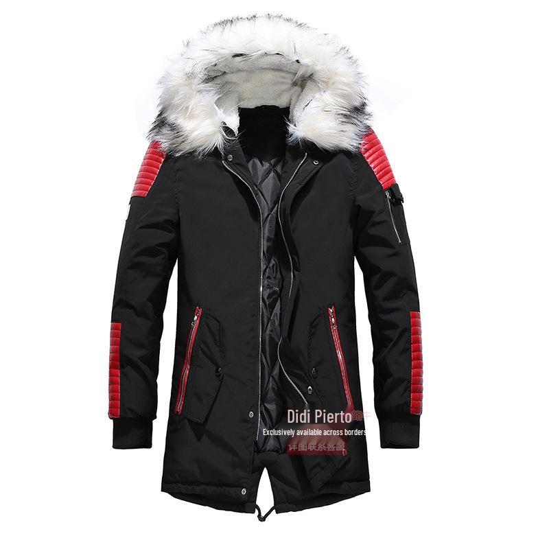 Men's Long Cotton Coat with Big Fur Collar, Thickened, 2018 Fashion.