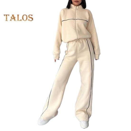 2 Teile/satz Damen Mantel Hosenanzug Halbhoher Kragen Reißverschluss Langarm Oberteil Elastische Taille Weite Beintaschen Hose Winter Alltagskleidung Trainingsanzug