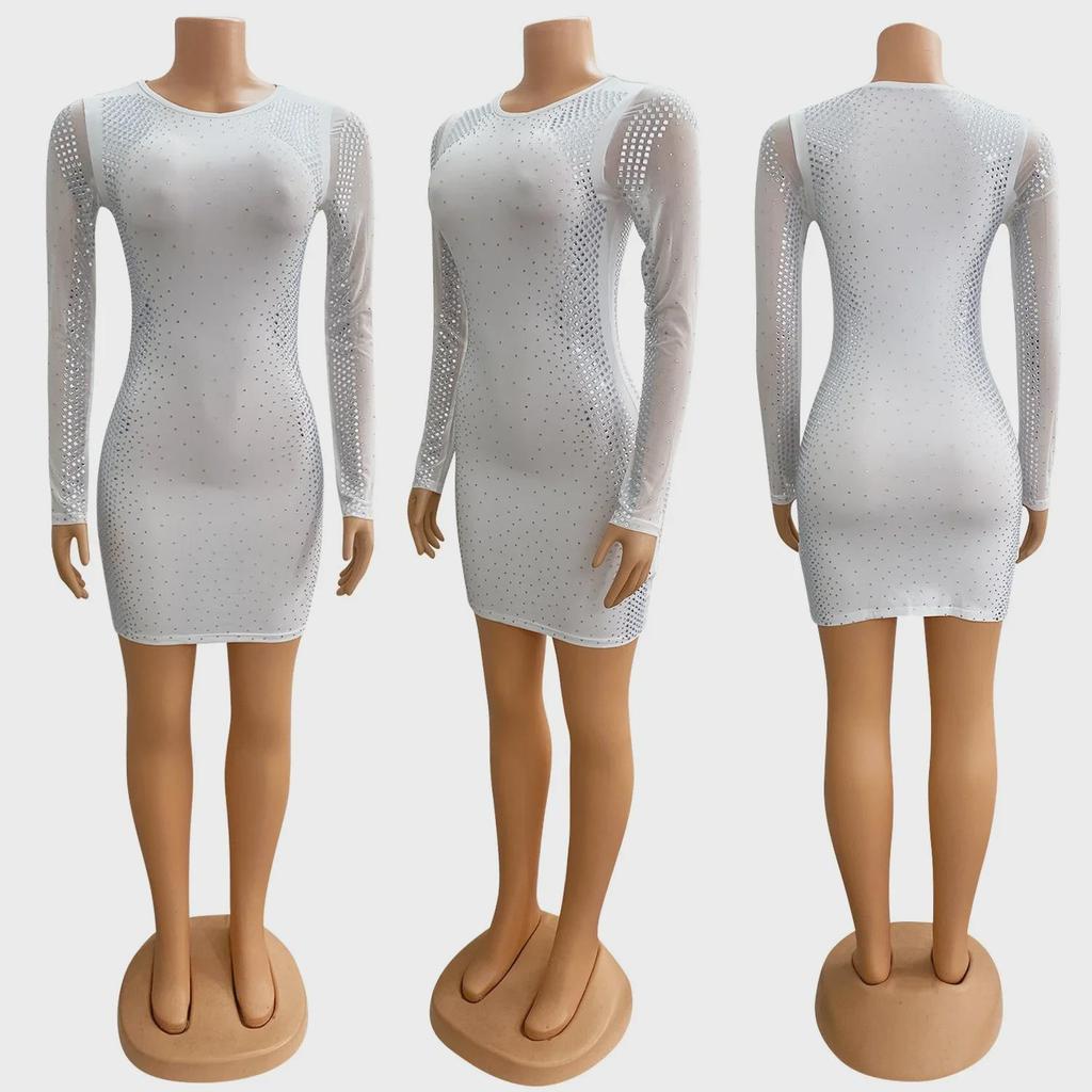 Z2205 Rochie Sexy din Plasă cu Mâneci Lungi cu Diamante Fierbinți pentru Femei pentru Toamnă și Iarnă