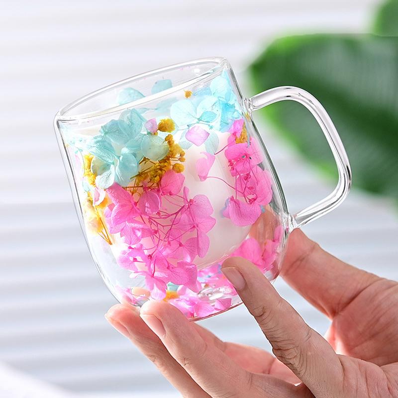 Double-Wall Dried Flower Glass Mug - Heat-Resistant Decorative Coffee/Tea Cup (Multi-Color Options)