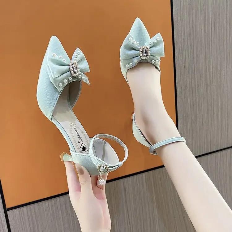 

Zapatos De Mujer 2024 Fashion Pearl Bowknot Women Pumps Pointed Toe Ankle Strap High Heels Thin Heels Wedding Prom Shoes Ladies 34