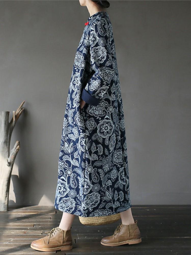 Johnature Women Vintage Dress White Blue Chinese Style Cheongsam Autumn Winter Stand Long Sleeve Fleece Warm Dress