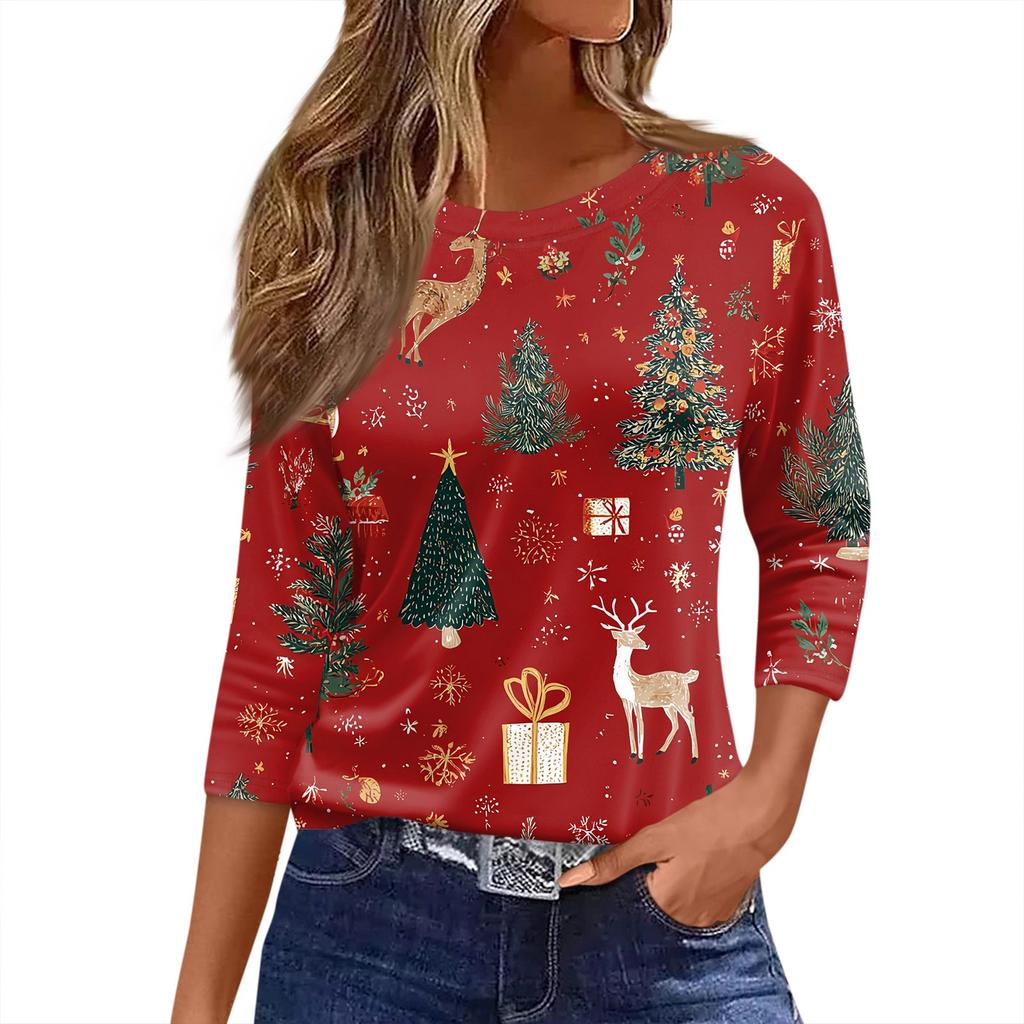 Women's T Shirt Christmas Print 3/4 Sleeve Daily Weekend Fashion Basic Round Neck Regular Top