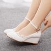 Damen Office Lady Pumps Runde Spitze Schnürband mit Schnalle PU 5CM Keilabsatz Lady Hochzeit Japanischer Stil Damenschuhe Weiß Party Abschlussball