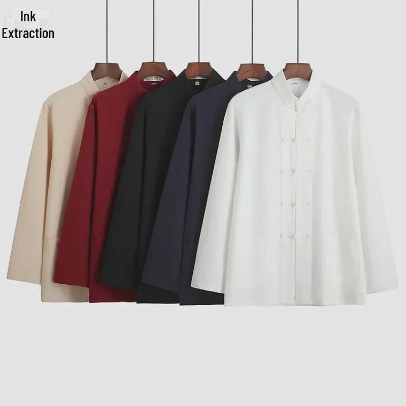 Men's Long-Sleeve Tang Suit Hanfu Top - Traditional Cotton Ancient Style for Older and Middle-Aged Men