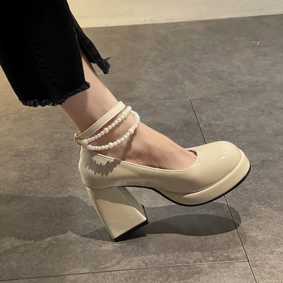 Chaussures Mary Jane françaises pour femmes printemps 2024 nouveau nœud perle talon épais sandales à talons hauts style féerique petites chaussures en cuir