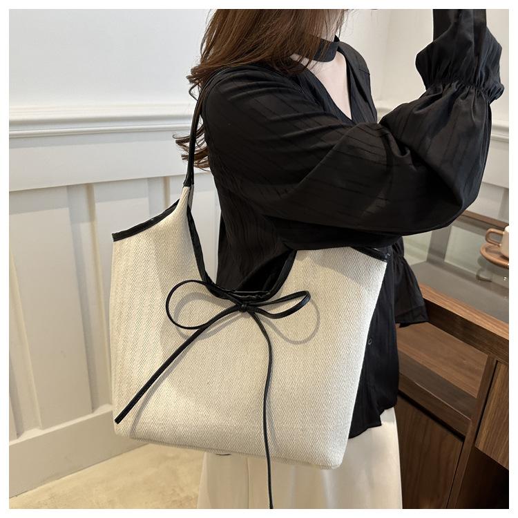Korean Style Patchwork Canvas Tote Bag Fashion Commuter Handbag with Bow Tie Strap Casual Large Capacity Shoulder Purse CLE