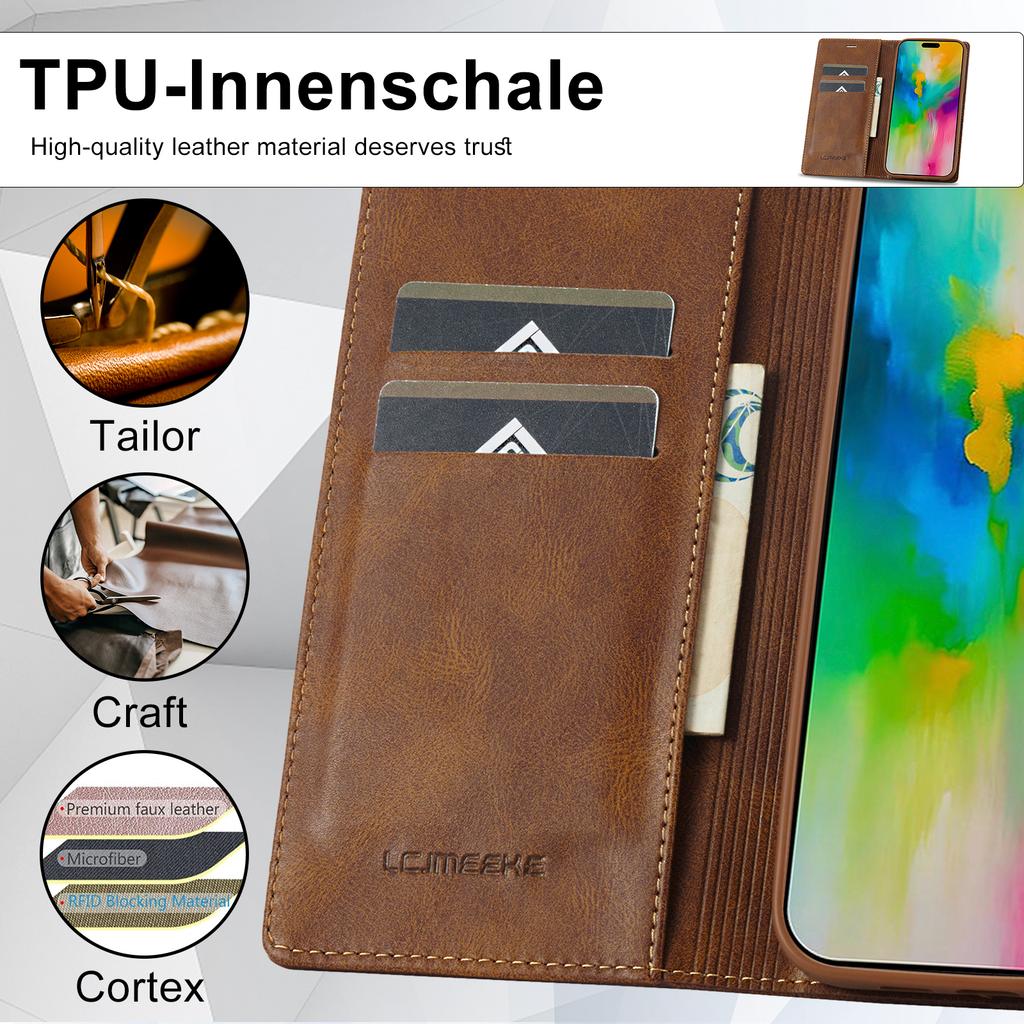 LC.IMEEKE Etui ze skóry dla iPhone 16 Pro z blokadą RFID i miejscami na karty Pokrowiec na telefon