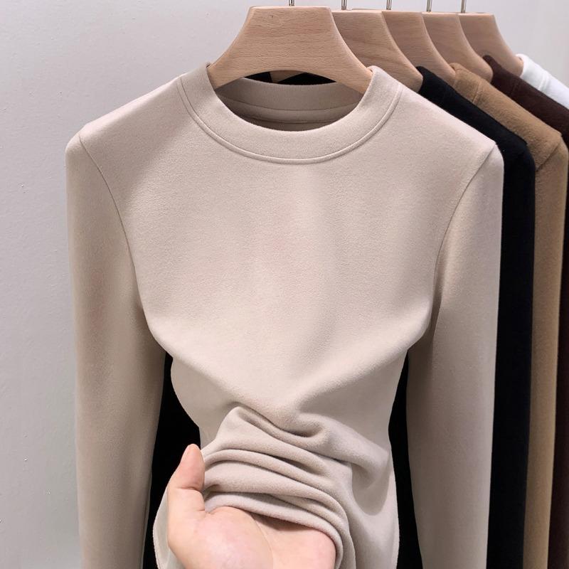 New thickened double-sided German velvet crew neck bottoming shirt for women's autumn and winter with velvet polished thermal top