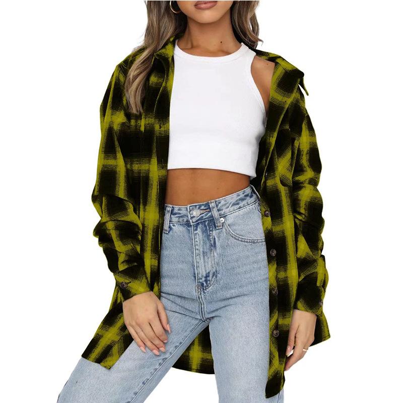 New Women's Top with Collar Long Sleeves Loose and Casual Checkered Shirt