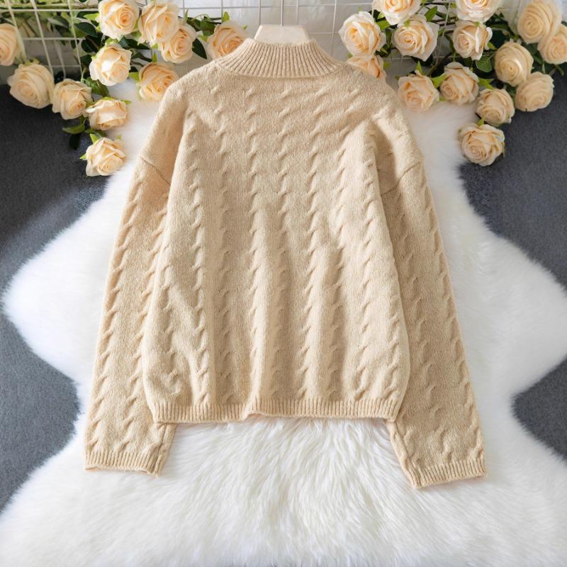 Herbst- und Winterrollkragen Damenpullover Lässig Locker Zopfmuster Warm Langärmeliger Pullover Top