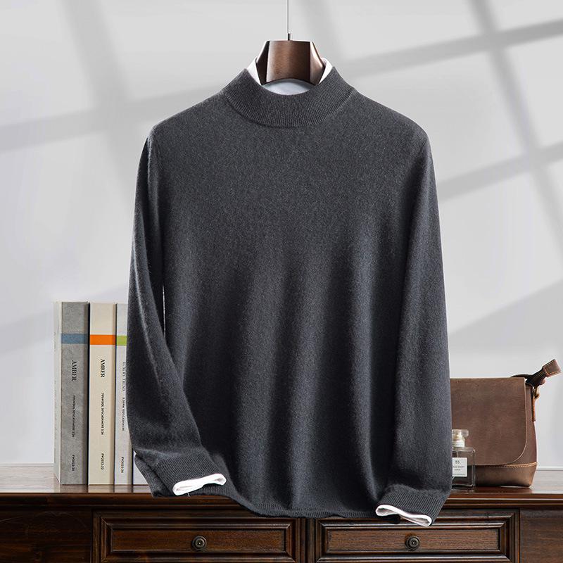 Men's 100% Pure Cashmere Half-High Collar Knit Sweater - Business Casual Long Sleeve Pullover