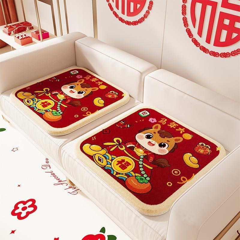 Red Festive Faux Cashmere Cushion - New Year Horse Design for Sofa, Office, Student Chairs, and Household Use