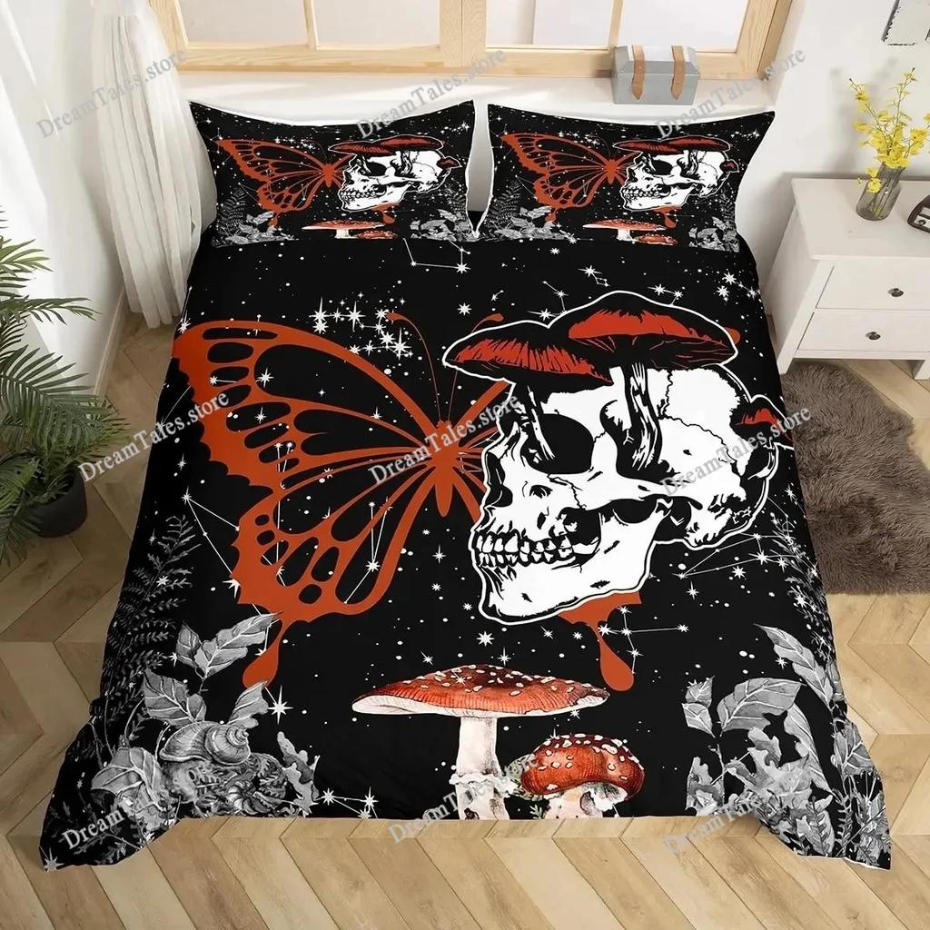 Gothic Sugar Skull Bone Bedding Set Skeleton Hand Comforter Cover Rose Leaves Romantic Flowers Home Textileextile Luxury Gift