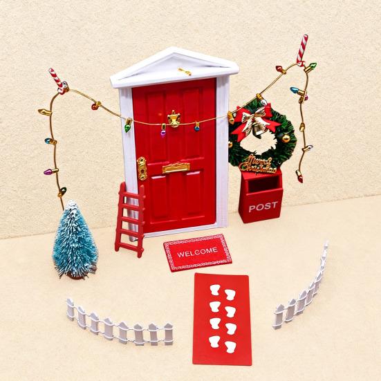 11Pcs Doll Houses Miniature Christmas Decor Set Plastic Tree Lights Wreath Mailbox Fairy Doors DIY Scene Kit Red Themed Accessories