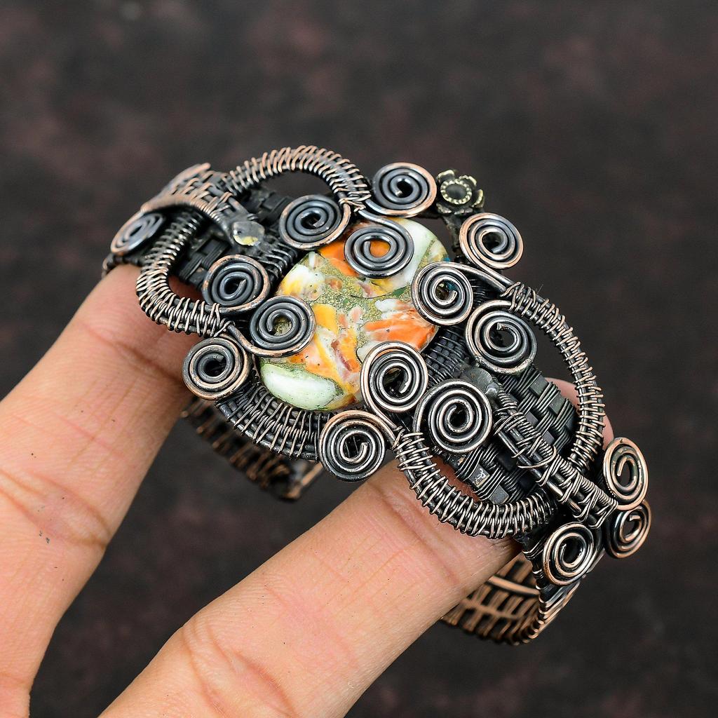 Spiny Oyster Copper Turquoise Bangle Copper Wire Wrapped Cuff Bracelet Handmade Adjustable Bangle Gemstone Copper Wire Jewelry Gift For Mom