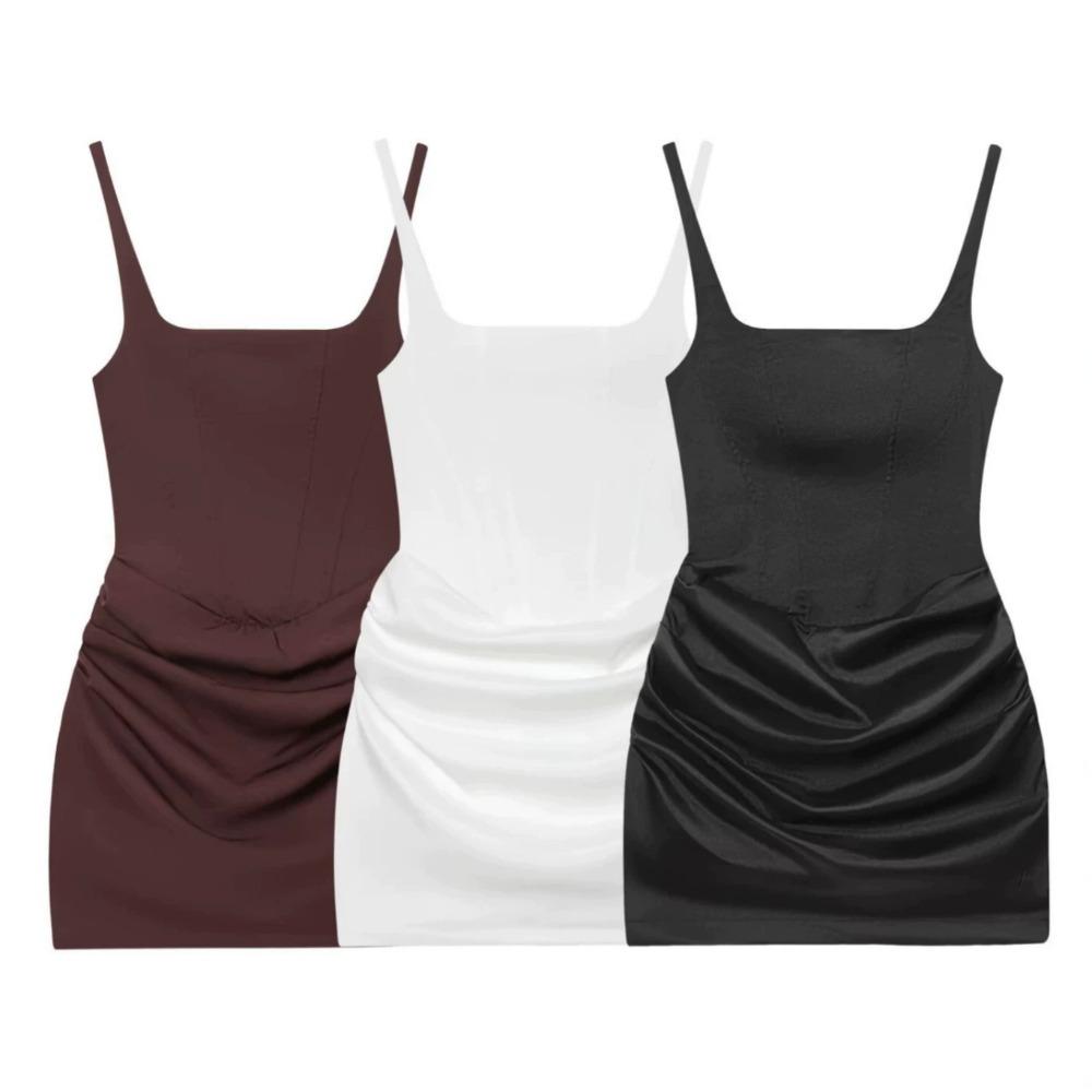 Women's Square Neck Sleeveless Mini Dress Slim Fit Side Ruched Solid Polyester Spaghetti Strap Club Bodycon Dress