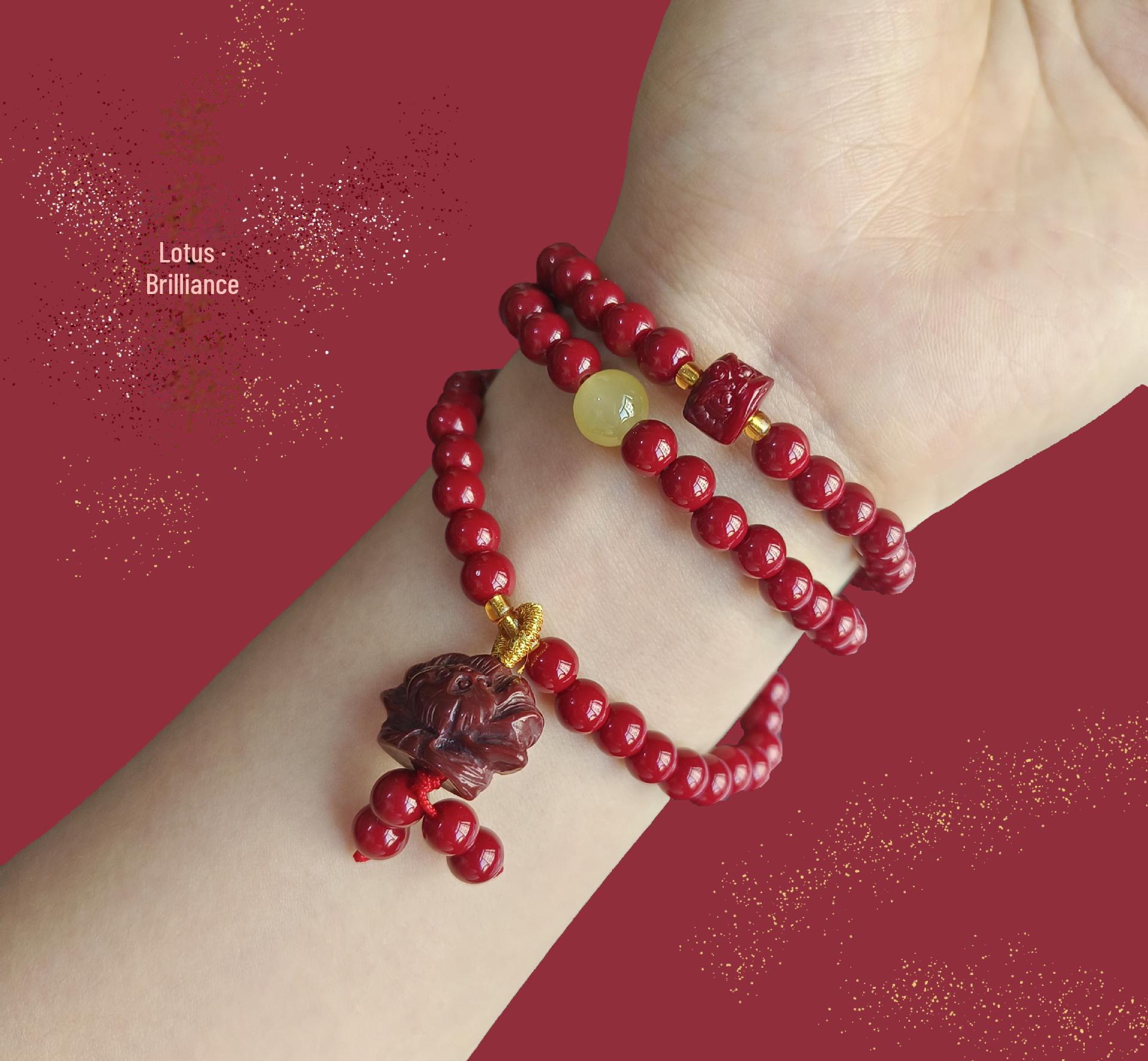 

Китайский браслет из киновари с несколькими кругами, с подвеской в виде лотоса и шармом в виде льва - Элегантный ретро-аксессуар для женщин Lotus Lion 1 piece