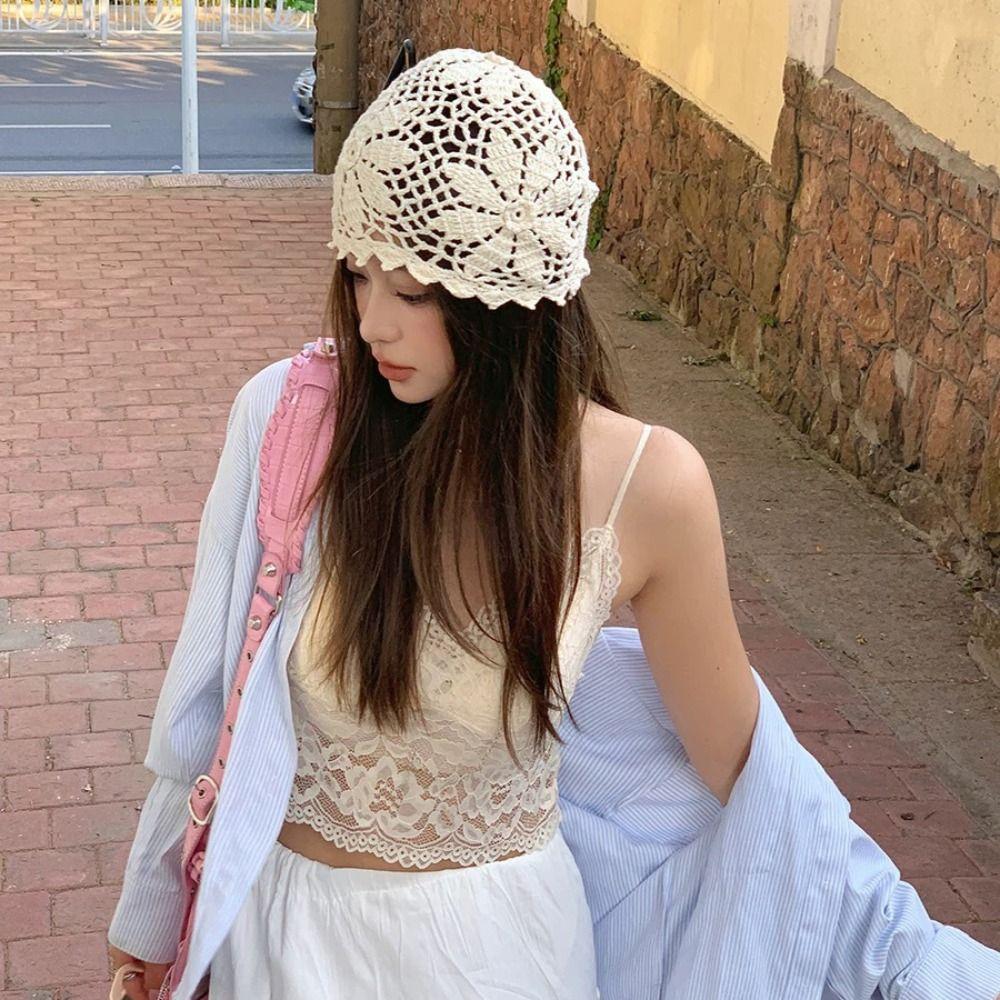 Thin Crochet Flower Hat Bohemian Style Hollow Out Knitted Hat Fashion Weave Cap  Spring and Summer