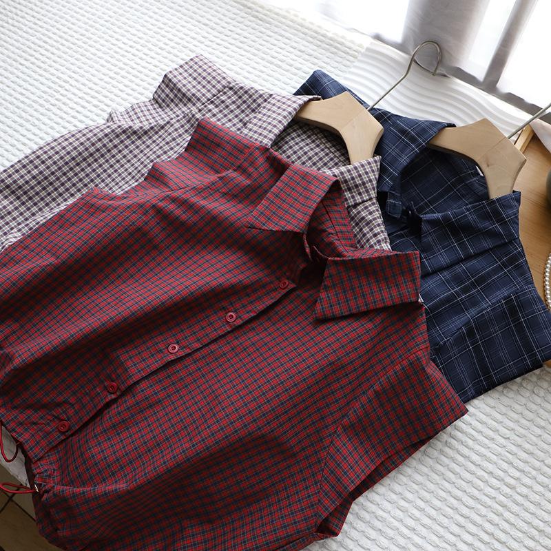 

2025 Summer Women s Retro Plaid Sleeveless Polo Shirt One Size красный