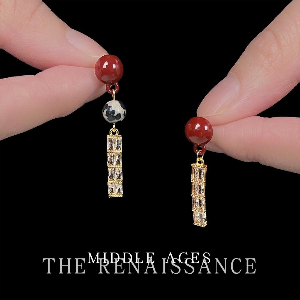 Retro new Chinese zircon earrings, natural speckled stone beaded literary and national style earrings, women