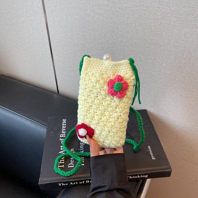 Spring and Summer Flower Mini Mobile Phone Bag Trendy Small Square Bag Wool Woven Knitted Messenger Bag Crochet Key Bag