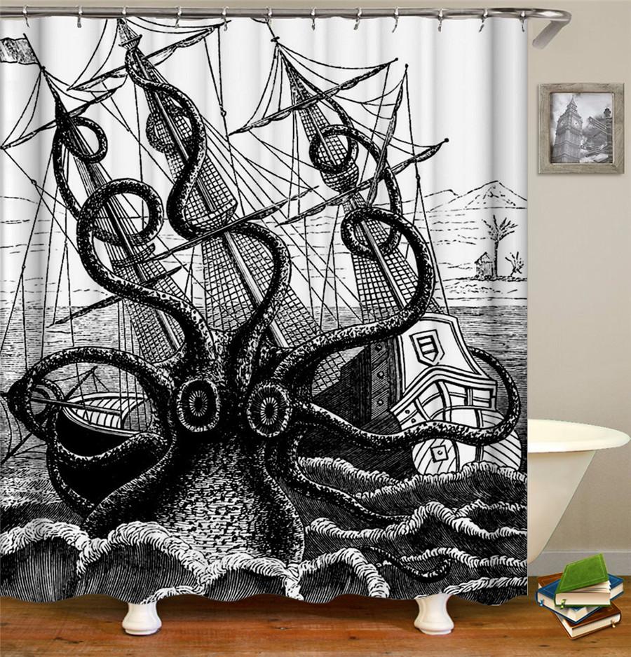 Octopus Seas Shower Curtains Bath Curtain 180*180cm Waterproof Bathroom Home Decor Washable Fabric Bathroom Screen With 12 Hooks