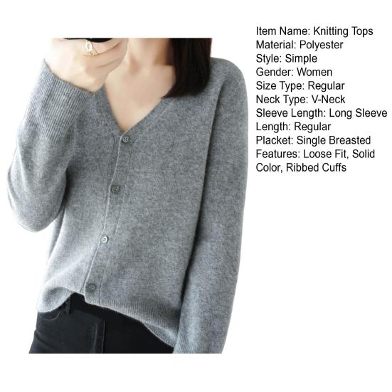 Women Knitting Sweater V-Neck Long Sleeve Button Down Sweater Cardigan Solid Color