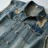 Ripped Holes Denim Waistcoat Men's Sleeveless Denim Jacket with Ripped Holes Pockets Single Breasted Washed Waistcoat for Casual