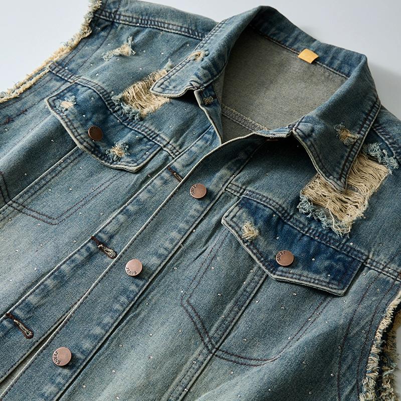 Ripped Holes Denim Waistcoat Men's Sleeveless Denim Jacket with Ripped Holes Pockets Single Breasted Washed Waistcoat for Casual