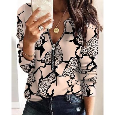 Fashion Leopard Printed Zipper Long Sleeve Women's T Shirt Autumn
