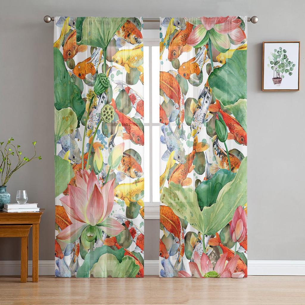 Cartoon-Fisch-Tüll-transparente Fenstervorhänge für Wohnzimmer, Küche, Kinderschlafzimmer, Voile-Hängevorhang