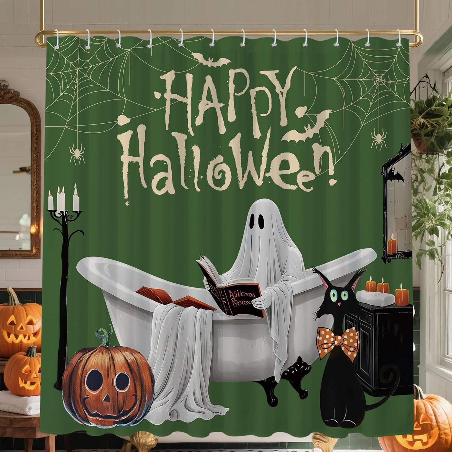 

Cute Ghost Halloween Shower Curtain with Black Cat Pumpkin Boho Floral Pattern, Waterproof Heavy Duty Washable Bathroom Decor 90x180cm35x71in