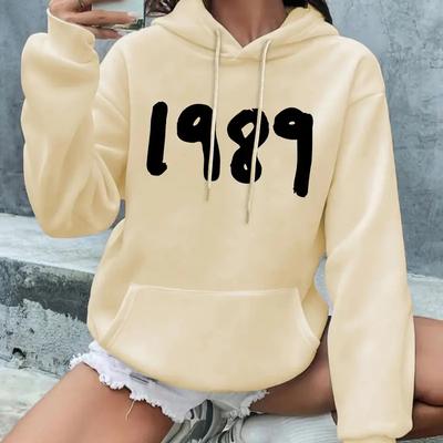 1989 Druck Einfarbig Kordelzug Kapuzenpullover Pullover Kängurutasche Aktiv Kapuzensweatshirt, Damen Sweatshirts