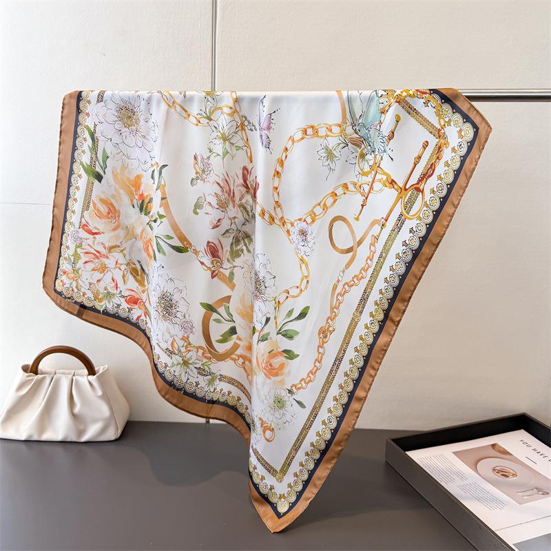 Summer Sunscreen Flowers Print 70Cm Square Beach Silk Scarf Casual Women Headband Bandana Hair Scarves Shawl Bag Handle Ribbon