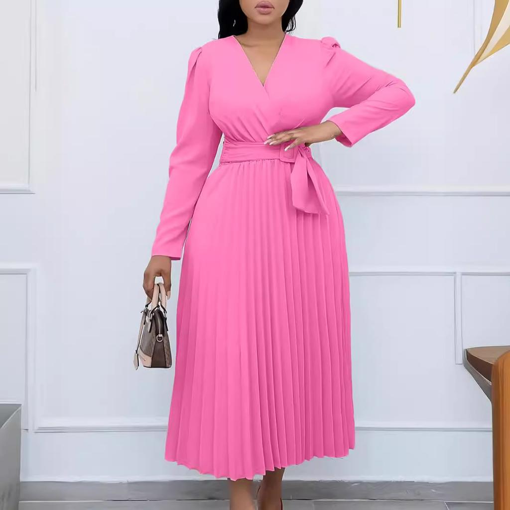 Kurzärmliges neues langärmliges Kleid mit Schnürung in Volltonfarbe und V-Ausschnitt, schmal zulaufendes Plissee in Übergröße für Damen