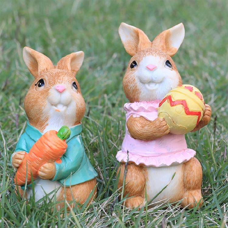 2Piece Easter Bunny-Decorations Easter Resin Rabbit Statue Ornaments Tabletop