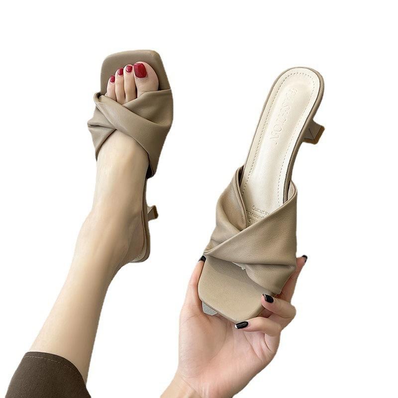 Summer new simple high heels one-word sandals cat heels high heels children wear half slippers