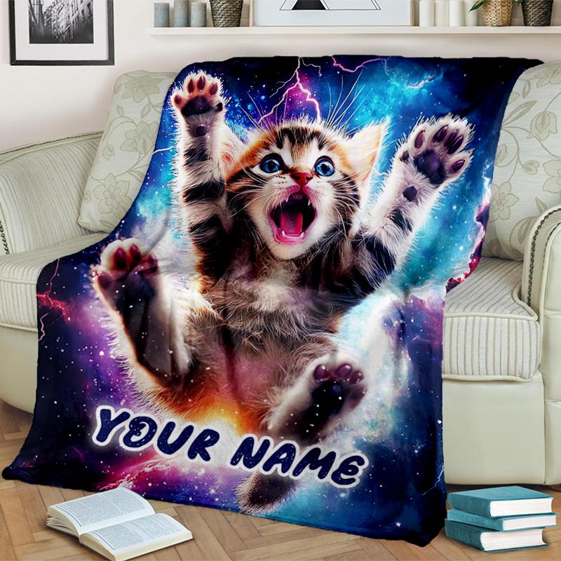 1PC Custom Name Space Kitten Adventure Flannel Blankets Patterns Throw Blanket All-Season Soft Gift for Couch, Bed, Camping Gifts