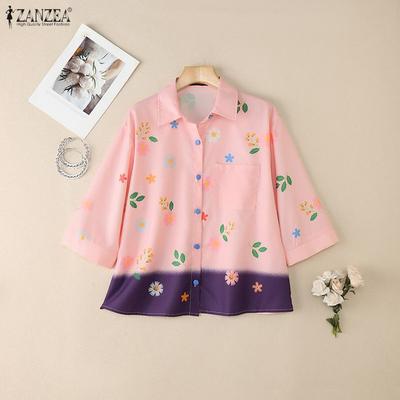 Women Summer Turn Down Collar Casual 3/4 Sleeve Floral Blouse