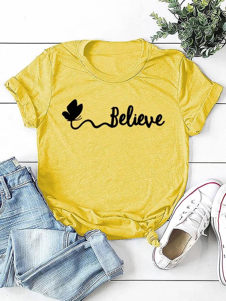 Butterfly Believe Letter Print Women T Shirt Short Sleeve O Neck Loose Women Tshirt Ladies Tee Shirt Tops Camisetas Mujer