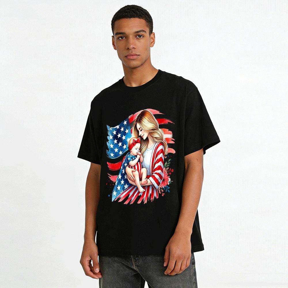 Patriotic Mother Baby USA Flag Graphic Tee Shirt Pure cotton T-shirt