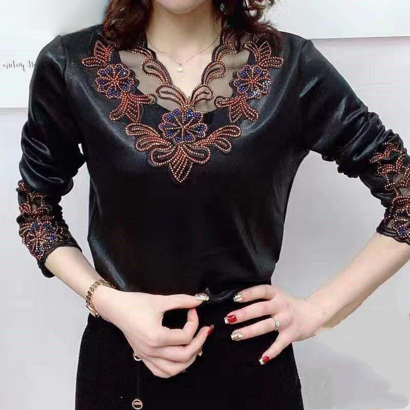 Vintage Fashion Floral Diamonds T-shirt  Spliced Hollow Out Women's Spring Autumn Elegant V-Neck Pullovers
