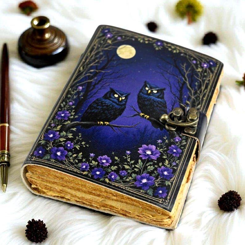 

Black Owl Grimoire – Leather Book of Shadows | Witchy Spellbook | Handmade Moon Magic Journal | Tarot Notebook 7 x 5 in