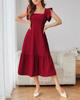 European and American summer new medium and long solid color splicing square neck dress A-shaped skirt