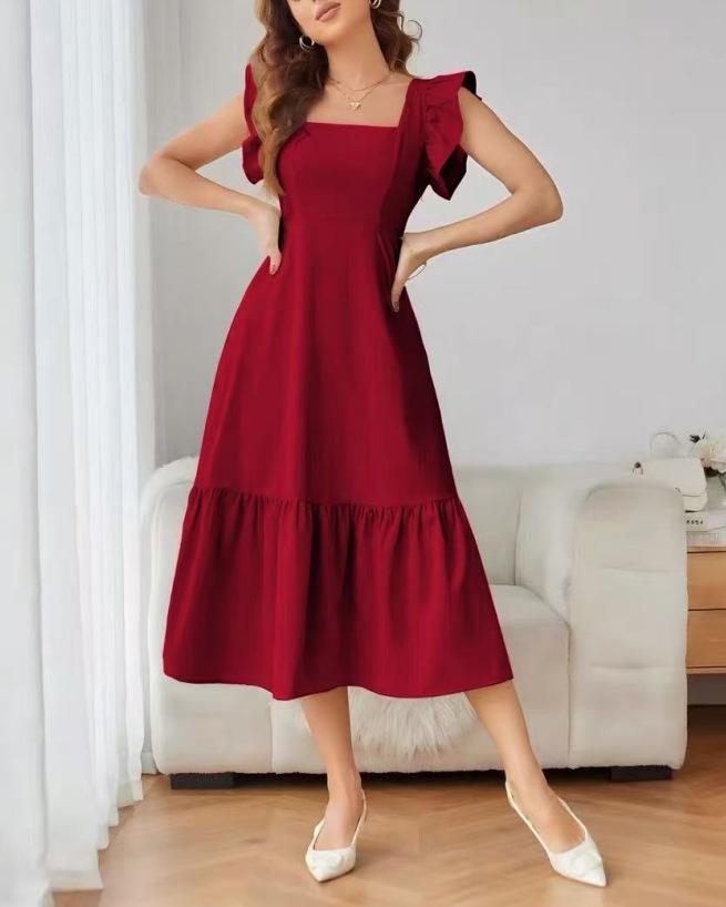European and American summer new medium and long solid color splicing square neck dress A-shaped skirt