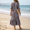 Bohemian Style V Neck Printed Short Sleeve Midi Dress with Ruffle Hem Lightweight Casual Loose Fit Summer Dress for Women