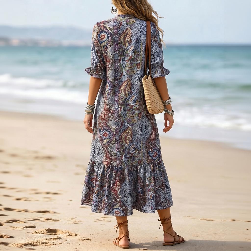 Bohemian Style V Neck Printed Short Sleeve Midi Dress with Ruffle Hem Lightweight Casual Loose Fit Summer Dress for Women